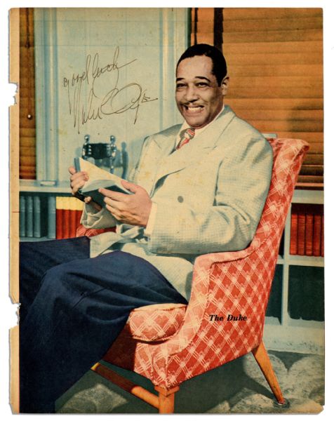 Duke Ellington Autograph Magazine Photo Signed ''good luck / Duke Ellington'' -- Measures 8.5'' x 11'' -- Very Good With Chips to Left Edge & Toning