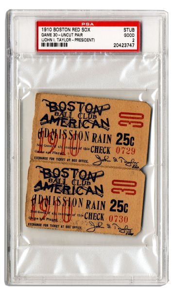 Pair of Boston American ''Raincheck'' Ticket Stubs -- For 1910 Red Sox Season -- With PSA