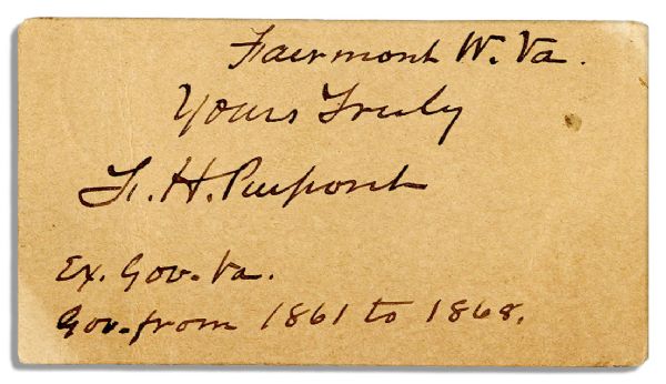 The ''Father of West Virginia,'' Francis Harrison Pierpont Signed Slip -- ''Fairmont W. Va. / Yours Truly / F. H. Pierpont'' -- Measures 3.5'' x 2'' -- Toning, Else Near Fine