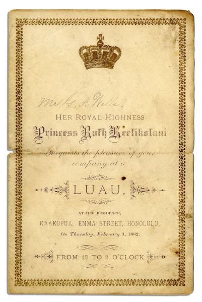 Remarkable Hawaiian Princess Ruth Ke'elikolani 1882 Luau Invitation