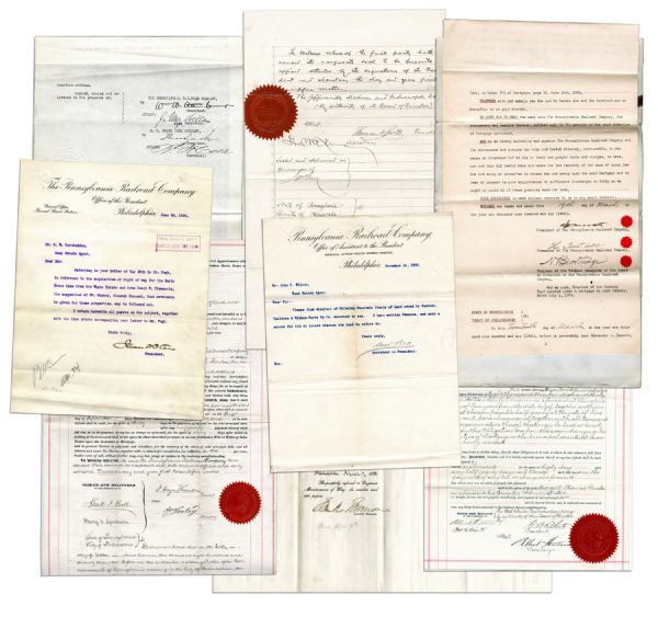 Lot of Pennsylvania Railroad Company Documents Signed by Every President From 1873-1914 -- The Years That Saw Its Growth Into The World's Largest Enterprise
