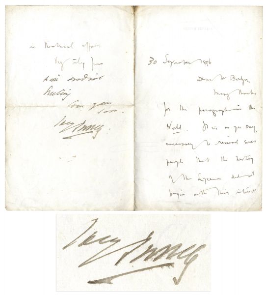 Bram Stoker Autograph Letter -- Written in His Hand & Signed by Henry Irving, on Whom Stoker Based the Dracula Character