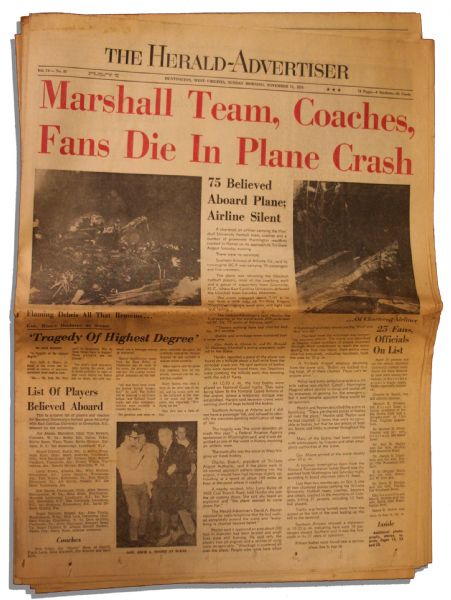 Marshall University, West Virginia Football Team 1970 Plane Crash Hometown Newspaper