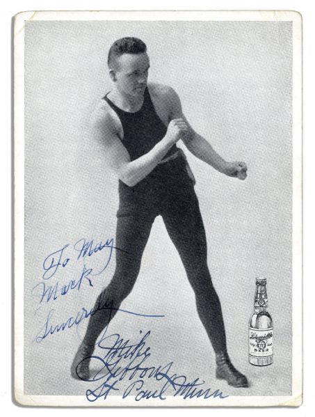 Middleweight Boxing Champ & International HOFer Mike Gibbons Signed Photo Card -- With His Inscription -- ''To May Mack / Sincerely / Mike Gibbons / St Paul Minn'' -- 4'' x 5.5'' -- Very Good