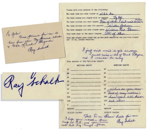 Hall of Fame Legend Ray Schalk Baseball Questionnaire Signed -- With Autograph Note Signed