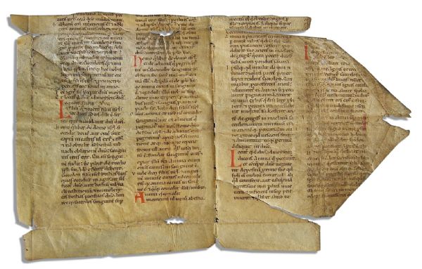 Very Rare Medieval Bible Manuscript Leaf -- Produced in Germany Circa 1150 -- Large Bifolium Leaf Measures 14.5'' x 9''