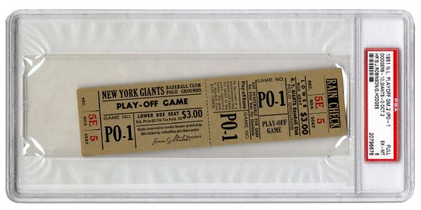 1951 National League Playoffs Ticket -- Game That Tied the Giants & Dodgers for the Pennant -- PSA Encapsulated