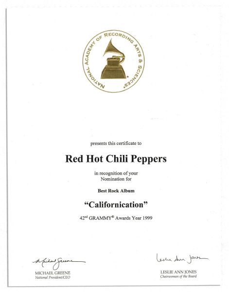 Red Hot Chili Peppers ''Californication'' 1999 Grammy Nomination Certificate