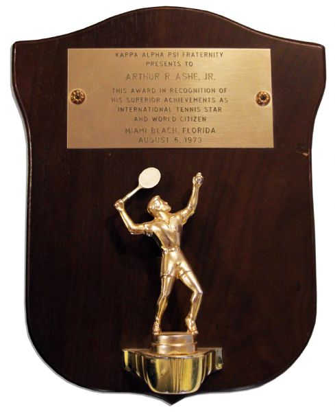 Arthur Ashe Award From 1973 by His Fraternity Kappa Alpha Psi -- For ''His Superior Achievements as International Tennis Star And World Citizen''