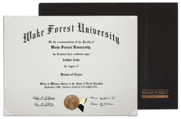 Arthur Ashe's Official 1989 Wake Forest Honorary Degree for Doctor of Laws -- As the Tennis Legend Was Also a Proponent of Civil Rights & Public Service