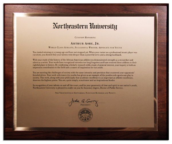 Plaque Given to Arthur Ashe by Northeastern University When the Institution Awarded Him an Honorary Doctorate in 1990