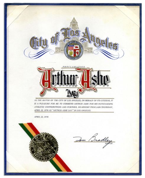 Certificate Creating ''Arthur Ashe Day'' in Los Angeles From Ashe's Personal Estate -- Signed by The 1976 Mayor of LA