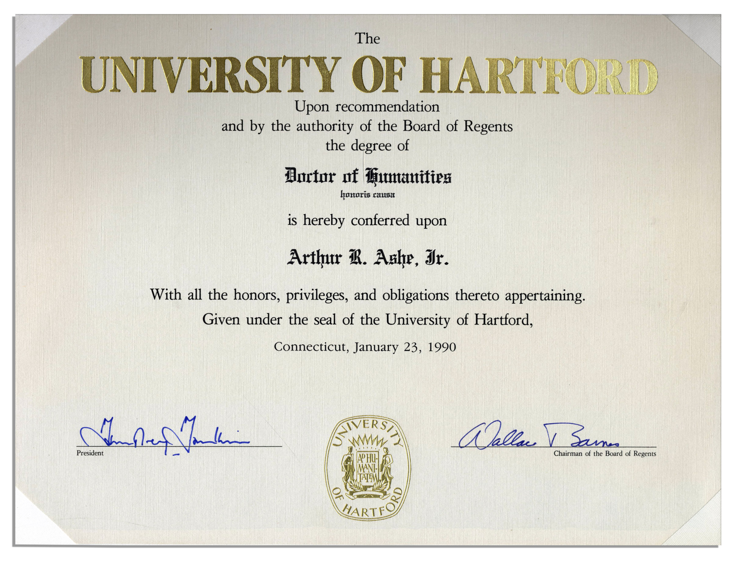 Lot Detail Arthur Ashe s Honorary Degree From The University of Hartford