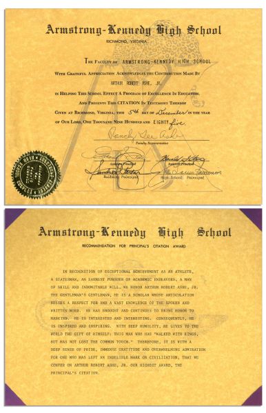 Arthur Ashe's Award From Armstrong-Kennedy High School in His Hometown of Richmond, Virginia -- Awarded in 1985 For ''...Helping This School Effect a Program of Excellence in Education...''
