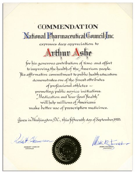 National Pharmaceutical Council Award Presented to Arthur Ashe -- 15 September 1983