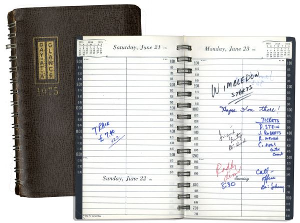 Arthur Ashe's Day Planner From 1975 -- The Year of His Monumental Win at Wimbledon & One of His Most Outstanding Years in Tennis -- Ashe Writes WIMBLEDON STARTS Boldly on 23 June!