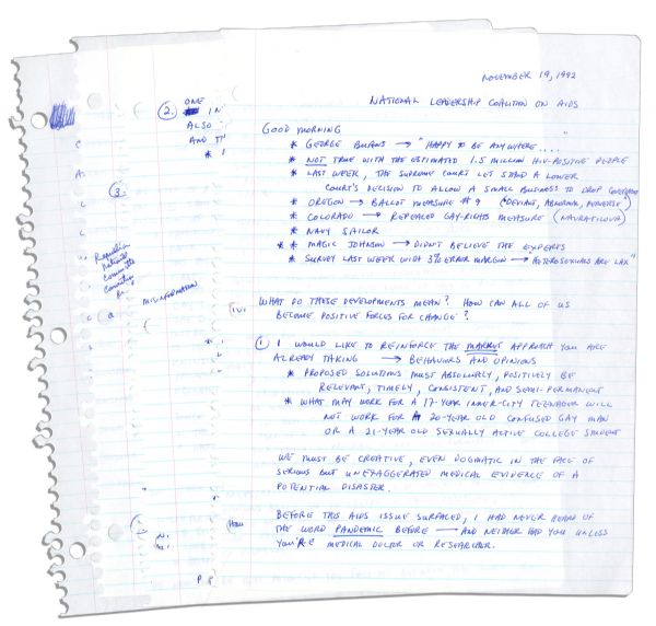 Arthur Ashe Handwritten Outline For a Provocative Speech on AIDS -- Just Months Before His Death -- ''...Our...morality tells us...there's something wrong with dispensing condoms and needles...''