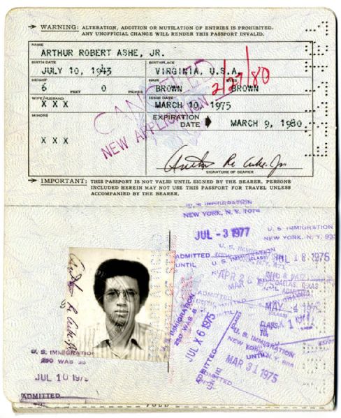 Arthur Ashe's Passport, Issued 1975 -- With Original Signed Passport Photo of the Tennis Legend Intact