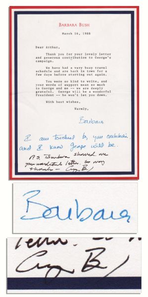 George Bush Autograph Note Signed to Arthur Ashe -- Thanking Ashe for His Campaign Contribution in 1988