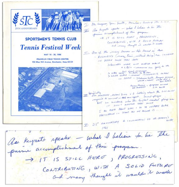 Arthur Ashe's 1986 Sportsmen's Tennis Club Festival Program -- With Handwritten Notes by Ashe -- ''...I am asked about what I do to increase black participation in tennis...''