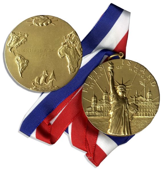 Stunning Ellis Island Medal of Honor Presented to Arthur Ashe in 1993 -- When Magnate Lee Iacocca Headed the Organization to Preserve the Statue of Liberty & Ellis Island -- Fine
