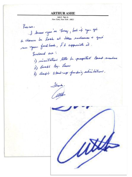 Arthur Ashe Handwritten Note Signed -- Accompanying an ''African American Athletic Association'' Typed Report