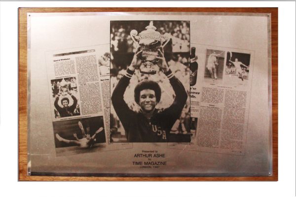Attractive Pictorial Award Plaque Presented to Arthur Ashe by ''Time'' Magazine -- Features a Print of The ''Time'' Article Covering Ashe's Groundbreaking Victory at Wimbledon