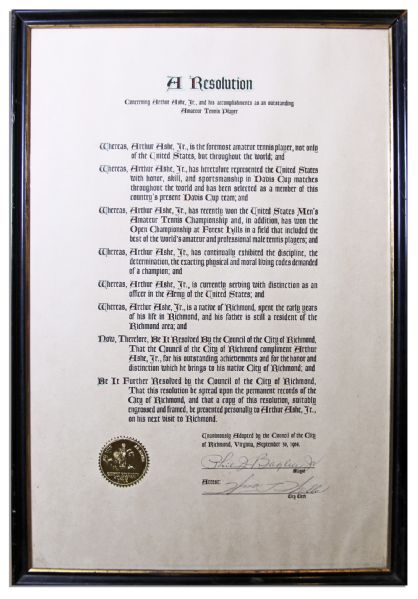 1968 Official Resolution Awarded to Arthur Ashe by the City of Richmond, Virginia, Ashe's Hometown