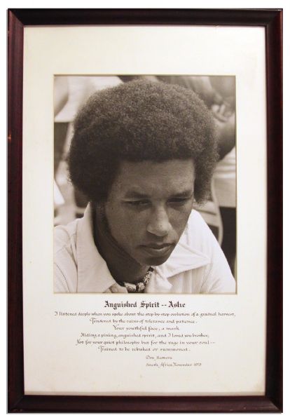 Elegant Photo of Tennis Legend Arthur Ashe -- With Printed Apartheid-Related Poem by His Friend, South African Don Mattera -- Regarding Ashe's 1973 Admittance to the South African Open