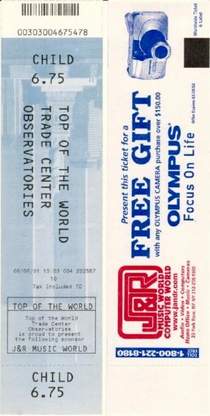 World Trade Center Ticket 2001 Observatory Deck Dated 6 August 2001
