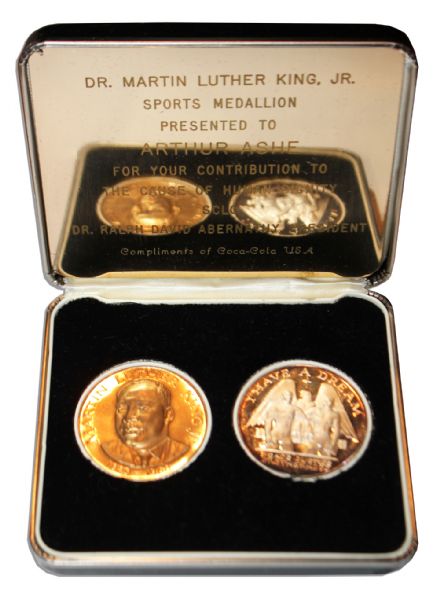 Arthur Ashe's Martin Luther King Sports Award -- Pair of Brotherhood Medallions Awarded by Dr. Ralph David Abernathy