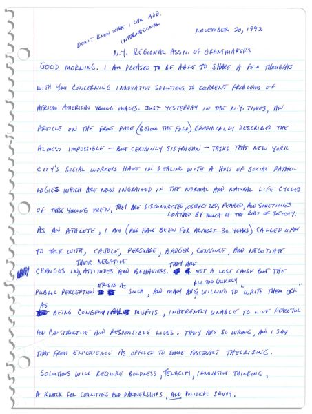Arthur Ashe Handwritten Draft of a Speech on Black Youth From the End of His Life -- With a Program From The Event -- ''...many are willing to 'write [young black men] off'...they are so wrong...''