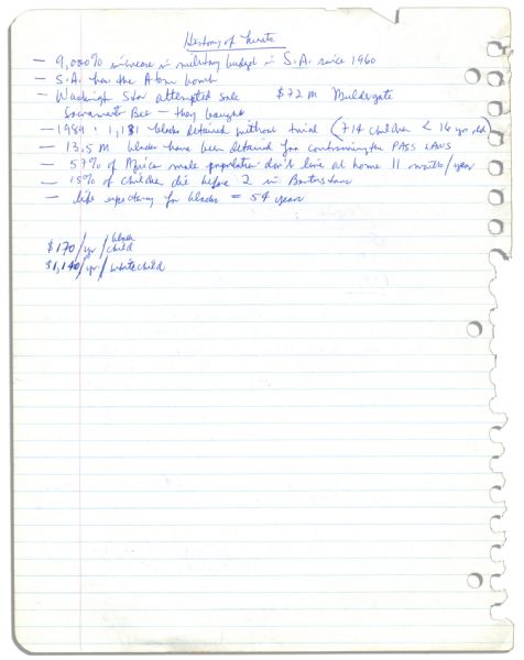 Arthur Ashe's Handwritten Outline for a Speech on Black Athletes -- ''...White America, for the first time, saw...records...smashed by members of a group they assumed to be inferior...''