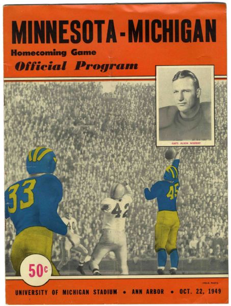 University of Michigan vs. University of Minnesota Football Program -- Homecoming Game at Ann Arbor -- 22 October 1949 -- 9'' x 12'' -- 42 pp. -- Very Good