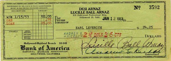 Lucille Ball 1953 Check Signed From Joint Desi & Lucy Checking Account -- Signed ''Lucille Ball Arnaz'' -- 8.5'' x 3'' -- Very Good