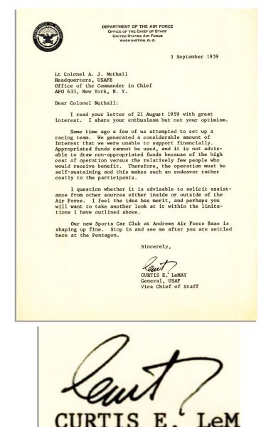 General Curtis Lemay Typed Letter Signed -- ''...Our new Sports Car Club at Andrews Air Force Base is shaping up fine...''