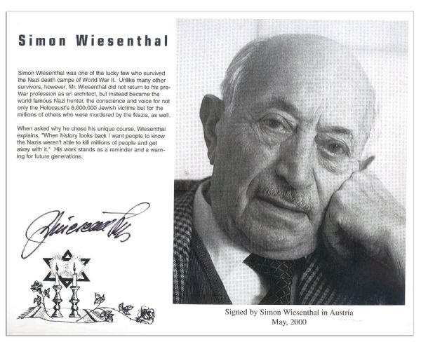 Simon Wiesenthal Signed 10'' x 8'' Glossy Photo With a Short Bio of the Holocaust Survivor Turned Nazi Hunter -- -- Signed in Austria in 2000 -- Near Fine