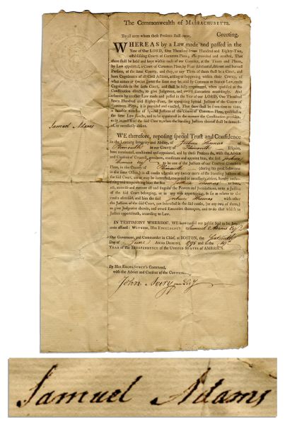 Samuel Adams 1795 Document Signed as Governor of Massachusetts