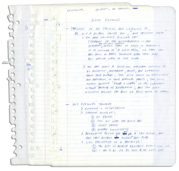 Arthur Ashe's Handwritten Notes for a Speech to Black Graduates -- ''...Affirmative action for me was a last resort...The rest of America basically doesn't like us...''