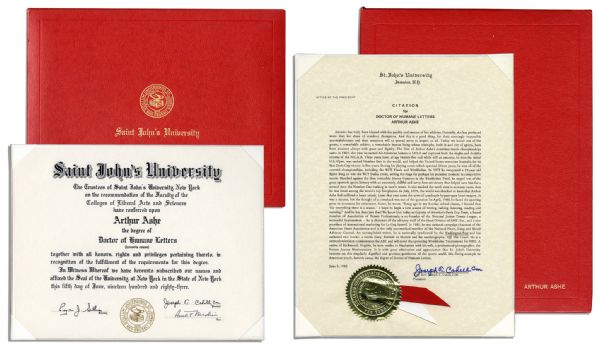 Arthur Ashe's Honorary Degree From St. John's University -- Diploma & Citation in 2 Striking Red Portfolios