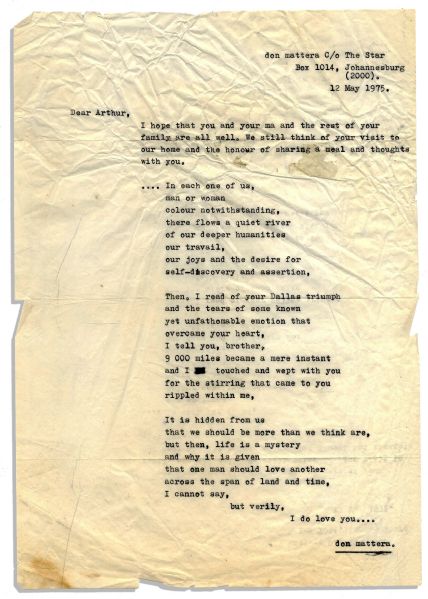 Original Typed Poem by South African Poet Don Mattera Written to Arthur Ashe -- …that one man should love another / across the span of land and time…I love you…