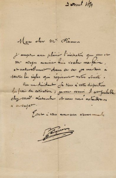 Paul Gauguin Autograph Letter Signed to Camille Pissarro -- Extraordinarily Scarce Letter Accepting an Invitation to Join the Impressionist Painters