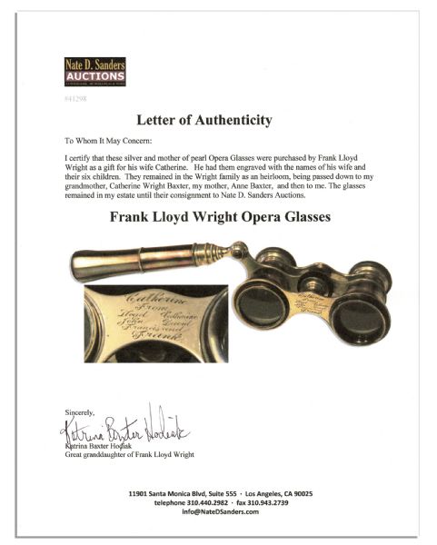 Frank Lloyd Wright Silver & Mother of Pearl Opera Glasses -- Gifted to His Wife Catherine & Passed Down to Their Granddaughter, Oscar-Winning Actress Anne Baxter