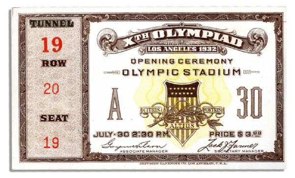 Ticket to the Opening Ceremonies at the 1932 X Olympics in Los Angeles -- Measures 4.5'' x 2.5'' -- Near Fine