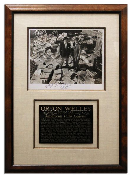 Orson Welles Signed 10'' x 8'' ''Citizen Kane'' Photo -- Welles as Kane Stands With Actor Joseph Cotton Among Stacks of ''The New York Daily Inquirer''