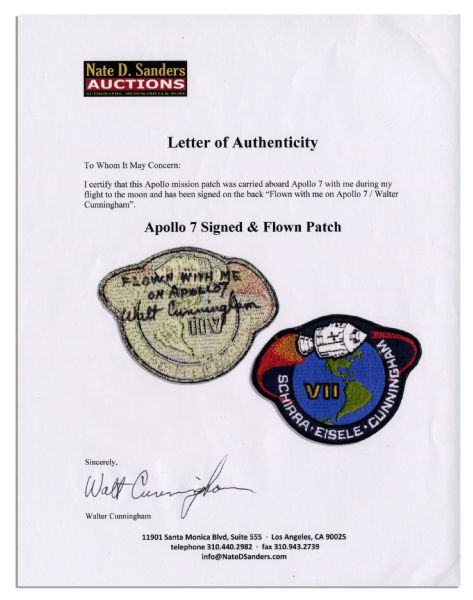 Apollo 7 Flown Mission Patch -- Signed on Verso by Astronaut Walt Cunningham