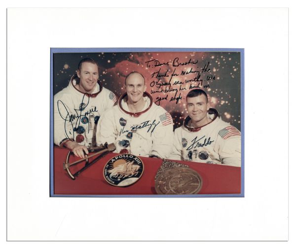 Apollo 13 Astronauts Signed 10'' x 8'' Group Photo With Inscription to NASA Employee -- ''...We will bring [The Odyssey] back in good shape...''