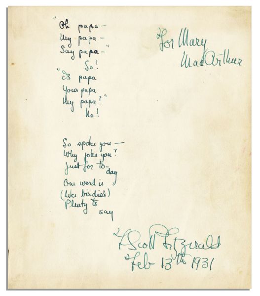 F. Scott Fitzgerald Lot of Two Extraordinary, Unpublished & Handwritten Poems: ''...Tenderest evidence, thumb-print of lust...'' -- Also With a Signed First Printing of ''Tender is the Night''