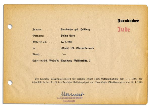 Collection of Four Nazi Concentration Camp Documents -- Each Identifying a Prisoner & Signed by a Nazi Official