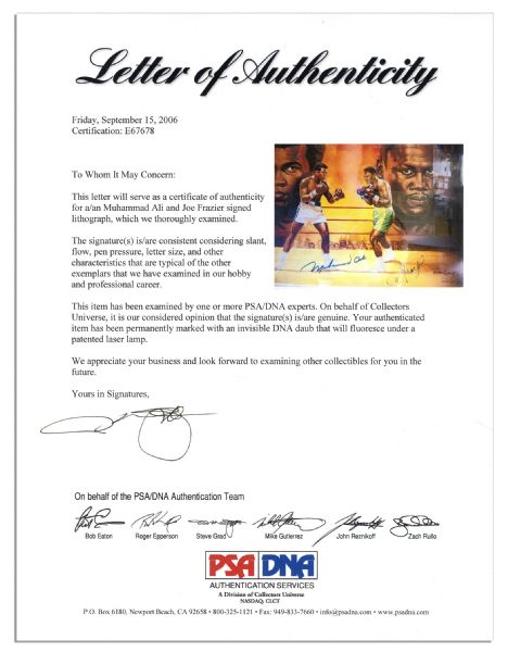Muhammad Ali & Joe Frazier Signed Limited Edition Lithograph Depicting the Heavyweight Rivals in the Ring -- With PSA/DNA COA